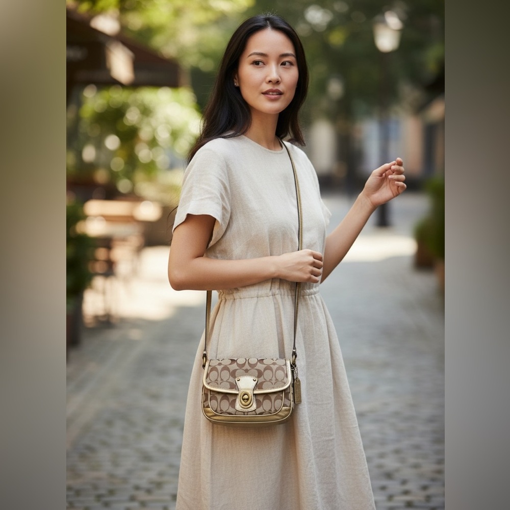 Vintage COACH Legacy Cricket Shoulder/Crossbody Bag Khaki & Gold 10566S